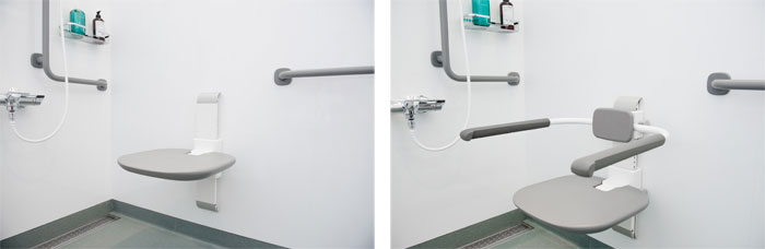 Esimerkki korkeussäädettävästä ja seinälle kääntyvästä suihkuistuimesta, johon voidaan lisätä korkeussäädettävät käsinojat.