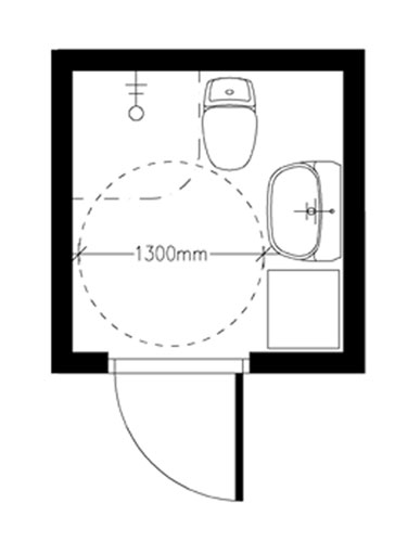 Wc-pesutila periaatekuva vapaa tila 1300 mm.