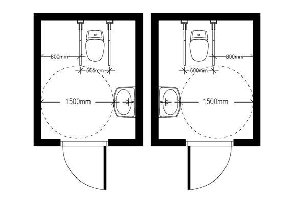 Wc-tilan lähelle sijoitetaan toinen, peilikuvana toimiva esteetön wc-tila.