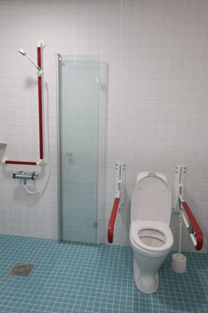 Esimerkki wc- ja pesutilasta, jossa suihku on erotettu taittuvilla ja kääntyvillä suihkuseinillä.