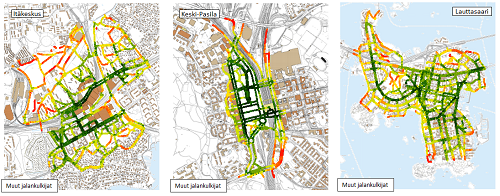 Itäkeskuksen, Keski-Pasilan ja Lauttasaaren esteettömyysindeksin tulokset. Punaiset alueet kuvaavat heikkoa esteettömyyden tasoa, vihreät alueet kuvaavat hyvää esteettömyyden tasoa. Kuvassa näkyy ”muut jalankulkijat” -tutkimusryhmän tulokset. 