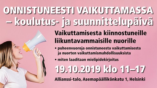 Onnistuneesti vaikuttamassa-koulutuksen mainos jossa nainen huutaa megafoniin