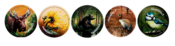 Kirjeensulkijamerkit joissa kuvattuna hirvi, auringonkukka, karhu, kurki ja talitiainen. 