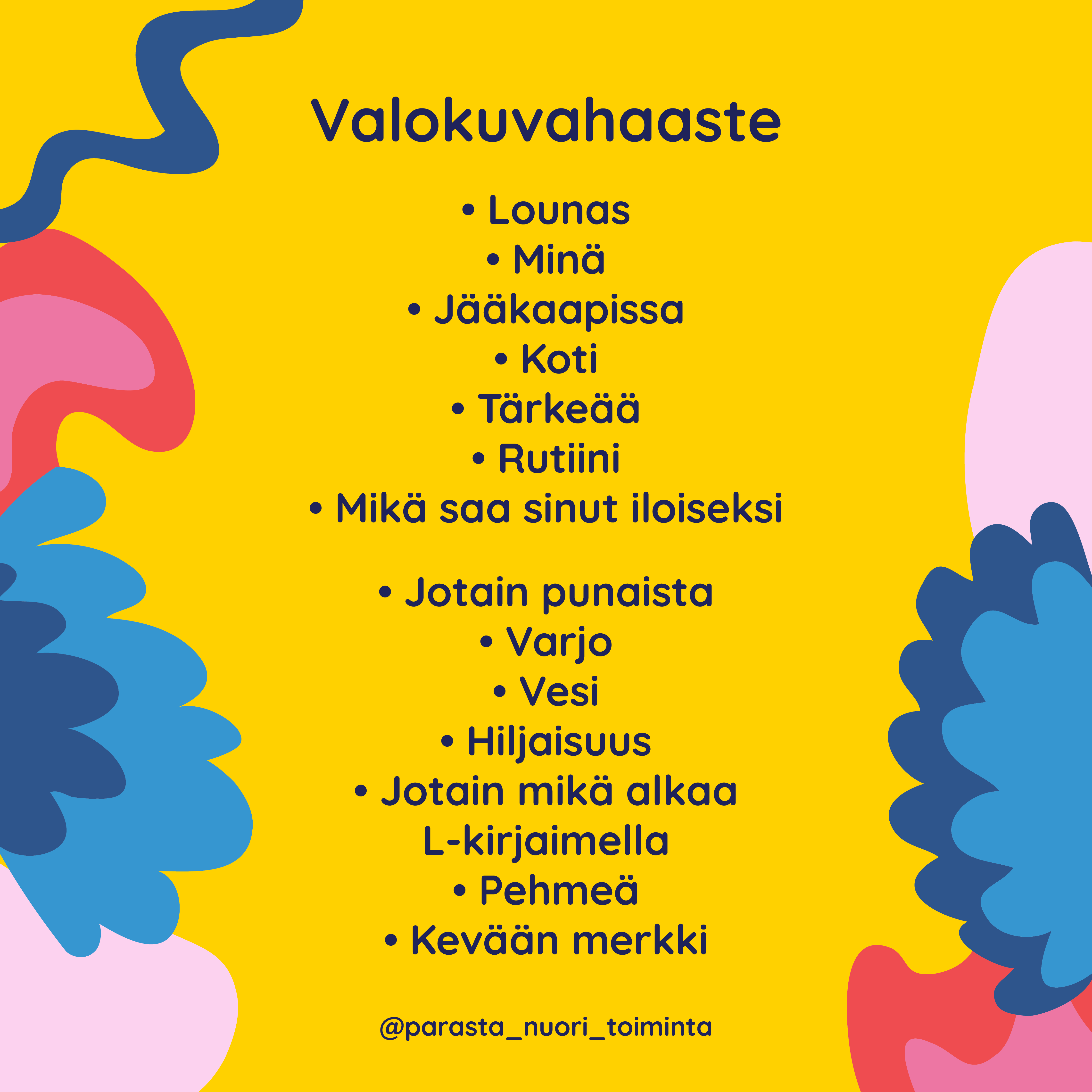 Kuvassa nuorten toteuttaman valokuvahaasteen kuva-aiheet.