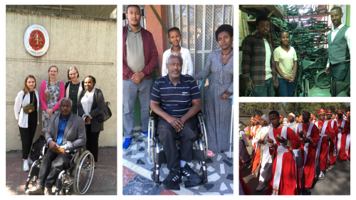 Neljän kuvan kollaasi, jossa Invalidiliiton ja kumppanijärjestö DDI:n edustajia sekä ihmisiä Timket-kulkueessa