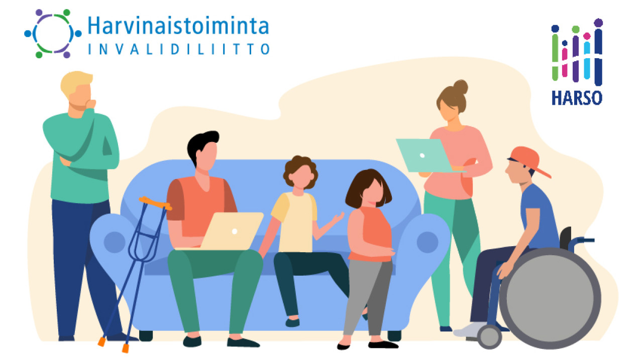 Kuvassa ihmisiä ja apuvälineitä.