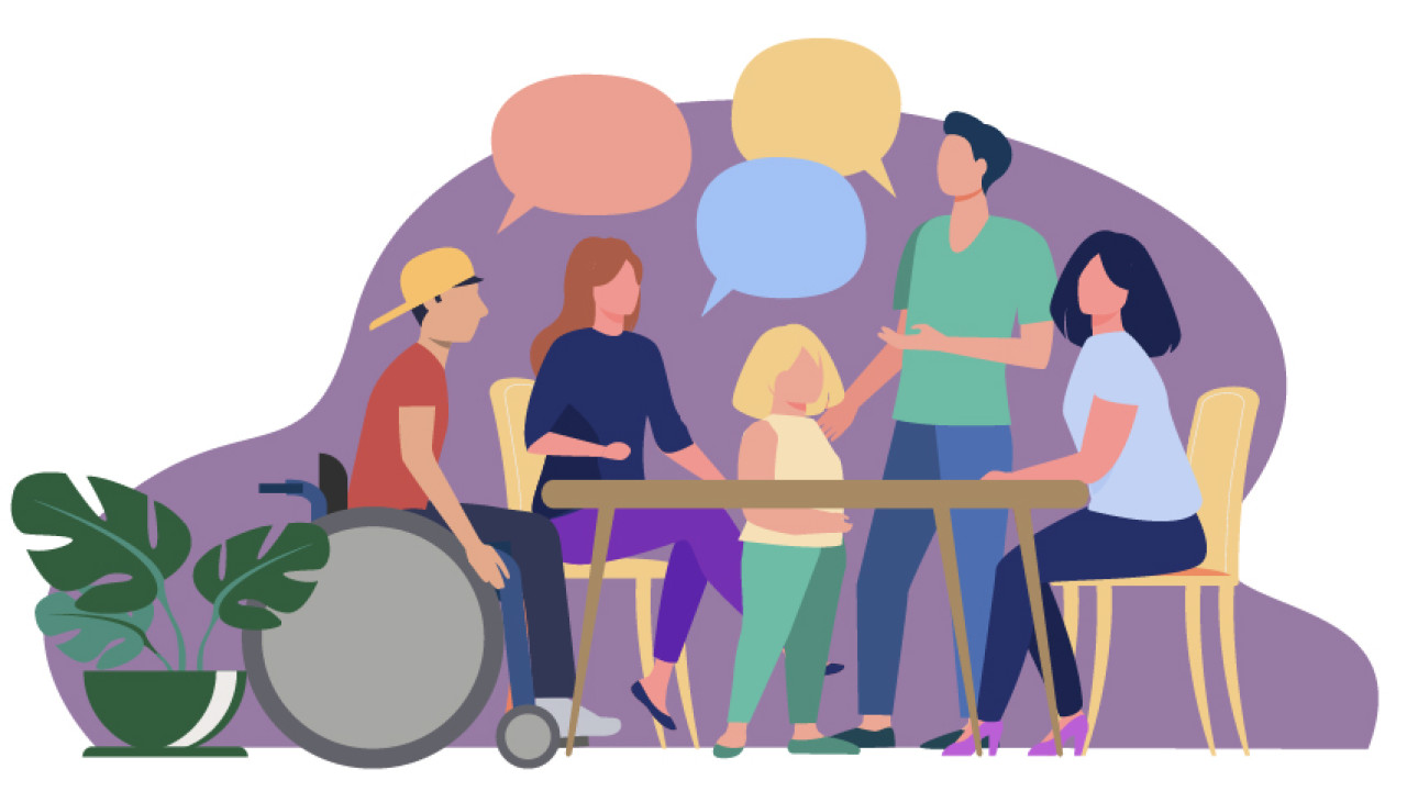Kuvituskuva, jossa joukko piirroshahmoisia ihmisiä istuu pöydän ympärillä.