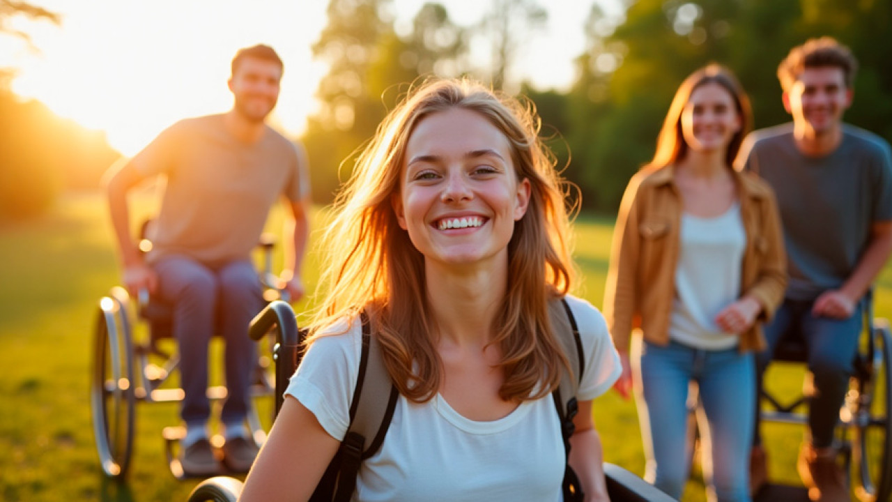 Neljä iloista nuorta aikuista, joista parilla on käytössä liikkumisen apuväline.