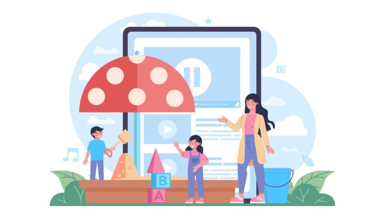 Kuvassa piirroshahmoja lapsista ja vanhemmista.