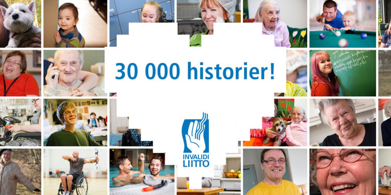 Kuva jossa paljon erilaisia ihmisiä ja sydän jossa teksti 30 000 tarinaa