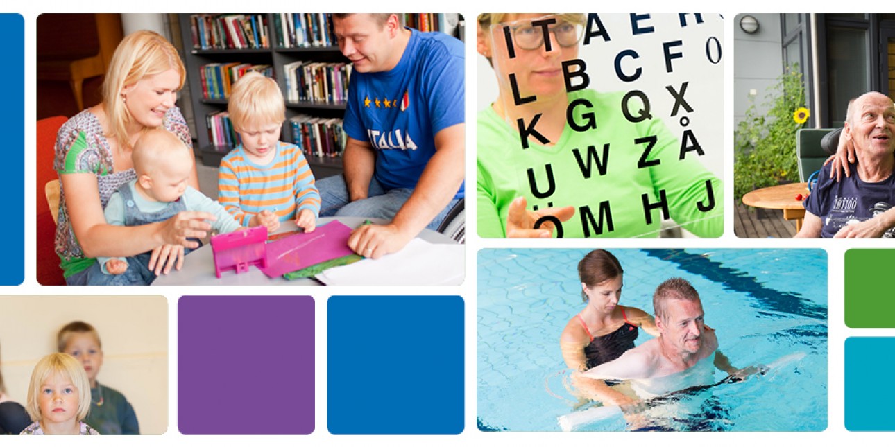 Mainoskuva sopeutumisvalmennuksista: ihmisiä, invalidiliiton logo ja värikkäitä neliöitä. 