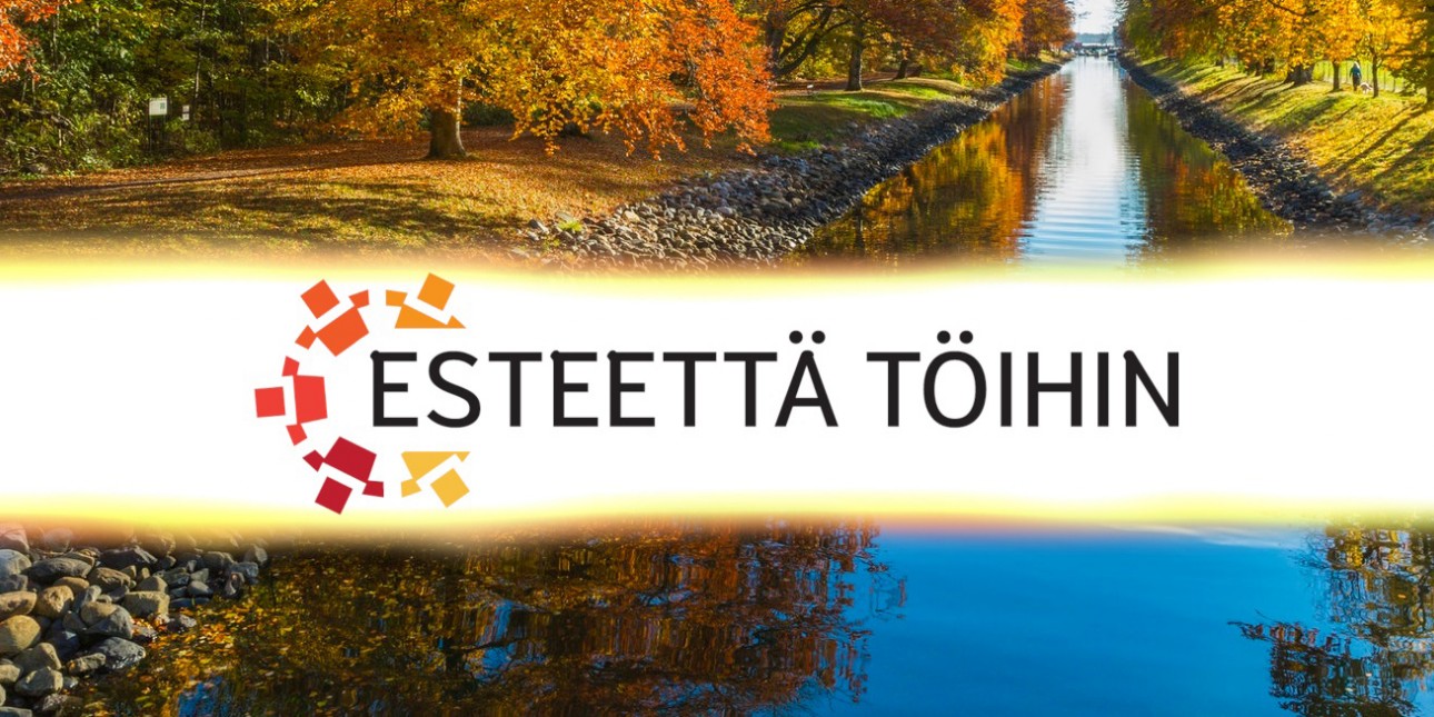 Joen varrella syksyn keltaisia puita. Keskellä teksti Esteettä töihin.