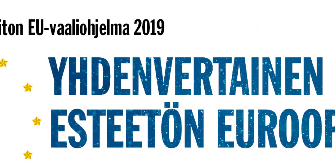 Mustalla Invalidiliiton EU-vaaliohjelma 2019 ja sinisellä Yhden vertainen ja esteetön Eurooppa. 4 keltaista pientä tähteä vasemmassa alareunassa.