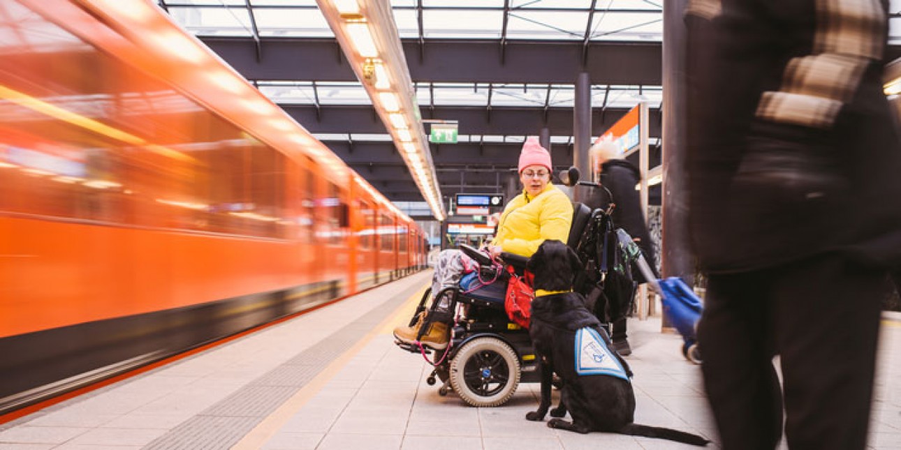 Nainen pyörätuolissa metroasemalla avustajakoiran kanssa. Kuvituskuva.