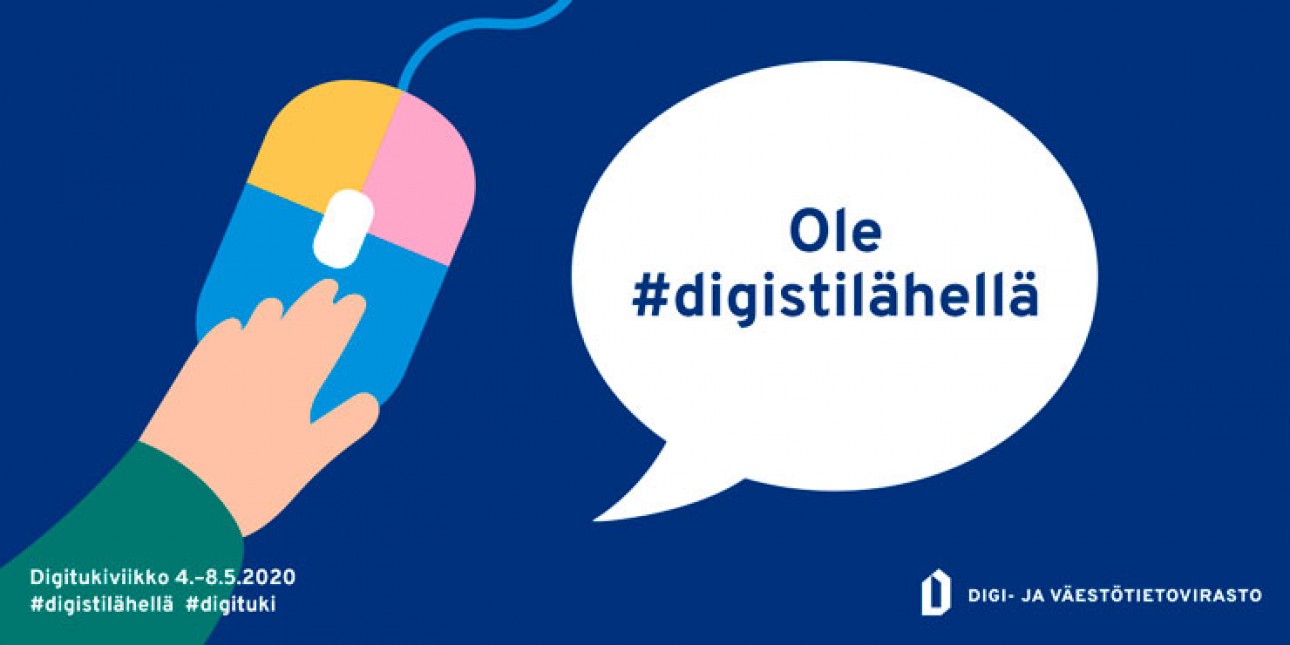 Piirroshahmon käsi on hiirellä ja puhekuplassa teskti ole #digistilähellä