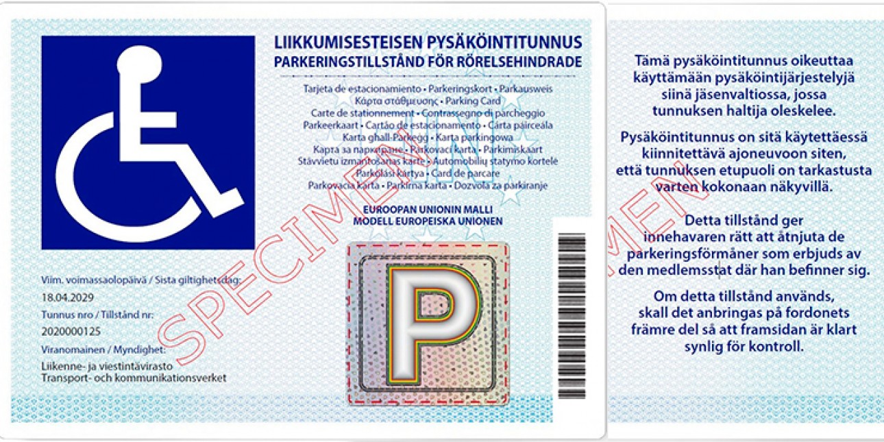 Liikkumisesteisen pysäköintitunnus. Kuvituskuva.