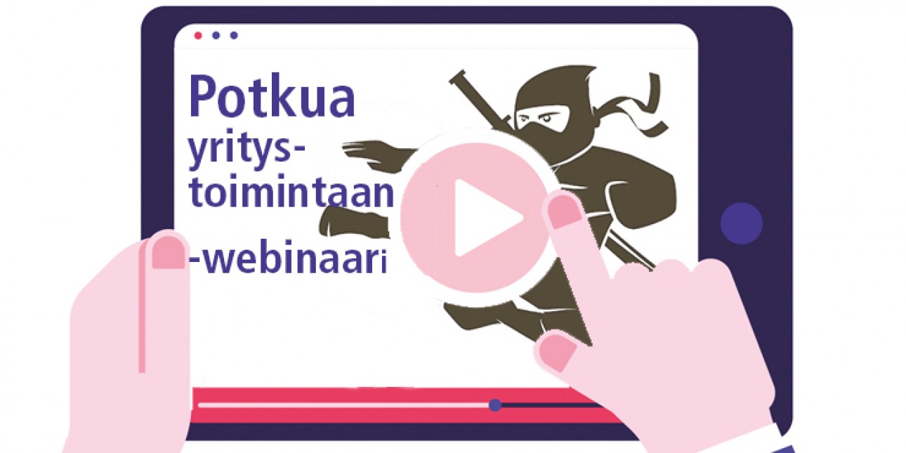 Käsi painaa IPadilla Potkua yritystoimintaan -webinaaria käyntiin. Piirroskuva.