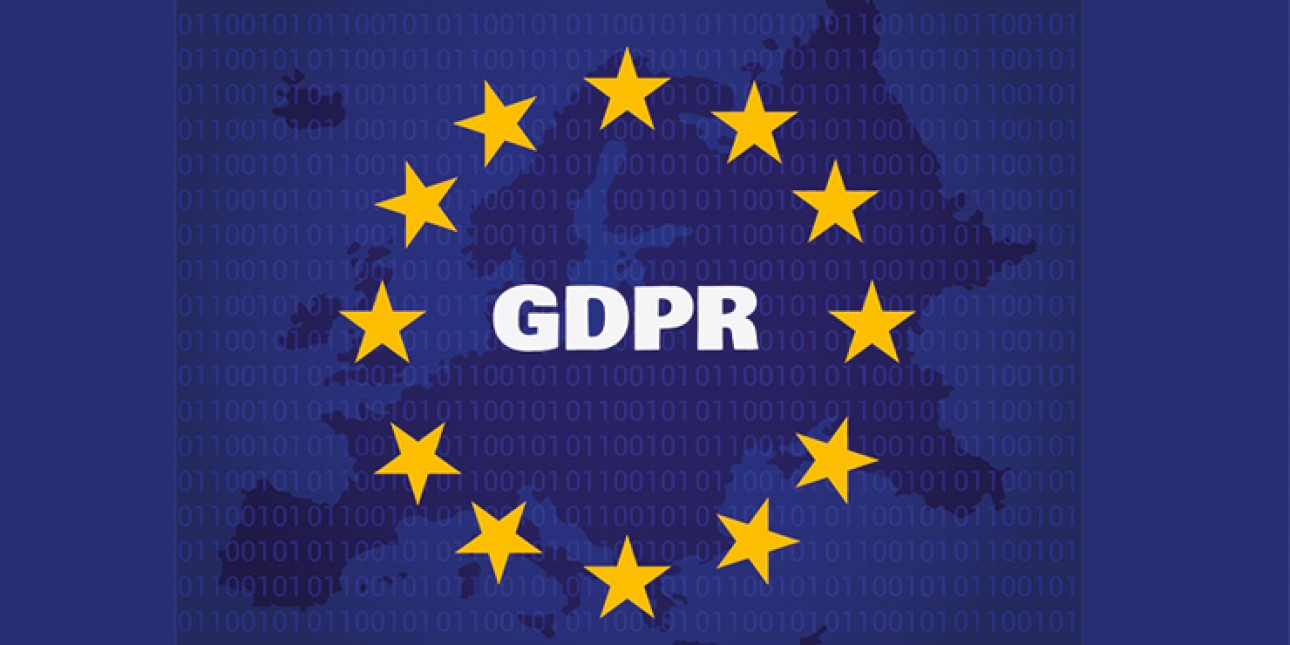 EU-tähtien keskellä teksti GDPR. Kuvituskuva.