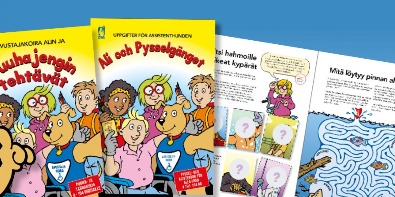 Kuva puuhakirjan kannesta ja sisällöstä