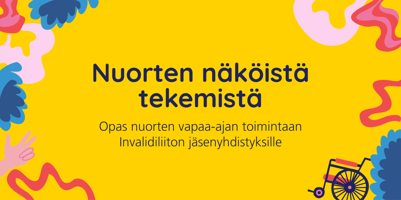 Keltaisella pohjalla lukee nuorten näköistä tekemistä, ympärillä kuvitusaiheita