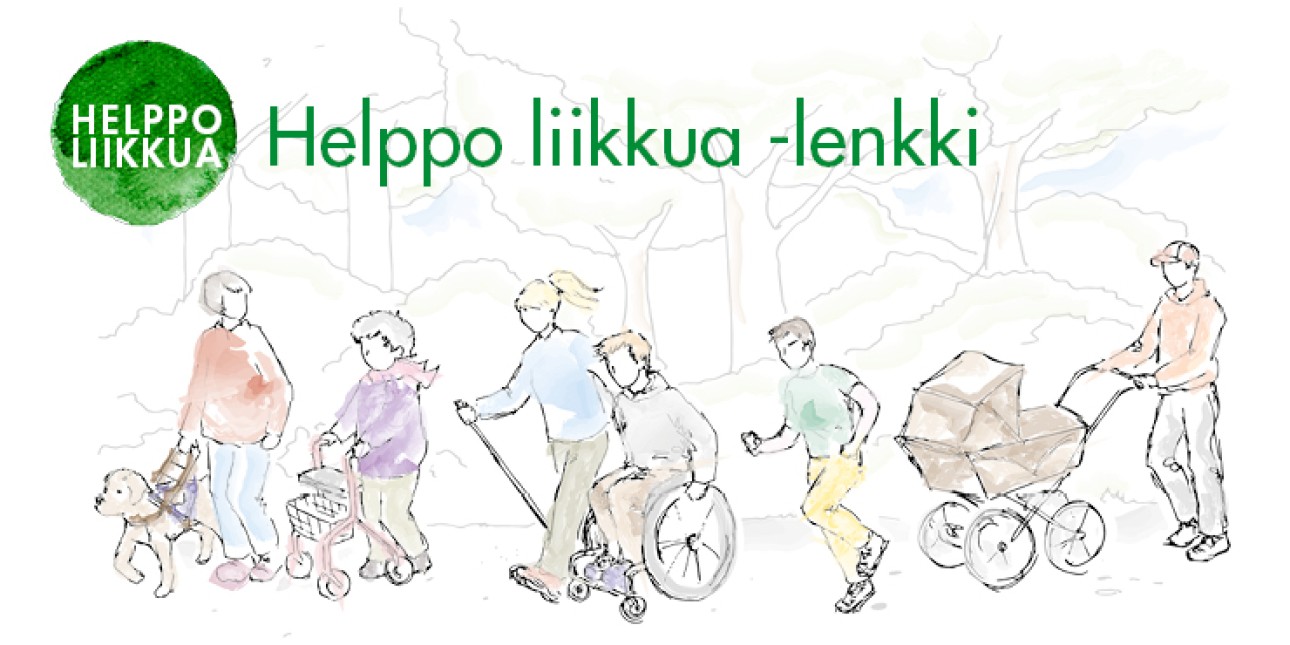 Helppo liikku -lenkillä eri tavoin liikkuvia ihmisiä.