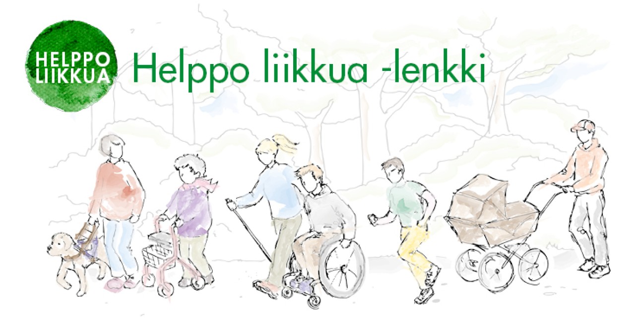 Helppo liikku -lenkillä eri tavoin liikkuvia ihmisiä. 