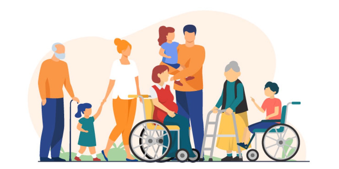 Piirretty kuva, jossa vammaisia ja vammattomia vanhempia, isovanhempia ja lapsia yhdessä.