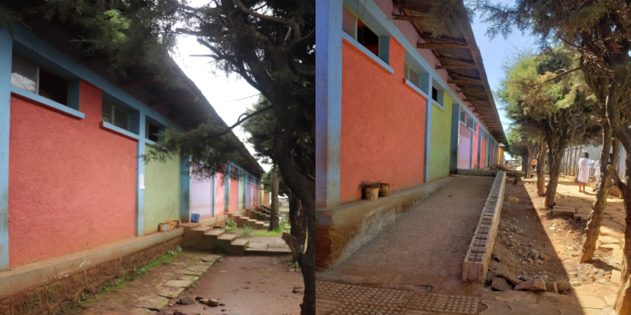 Etiopialaisen koulun esteettömäksi kunnostettu sisäänkäynti, kuvat ennen ja jälkeen muutostyön