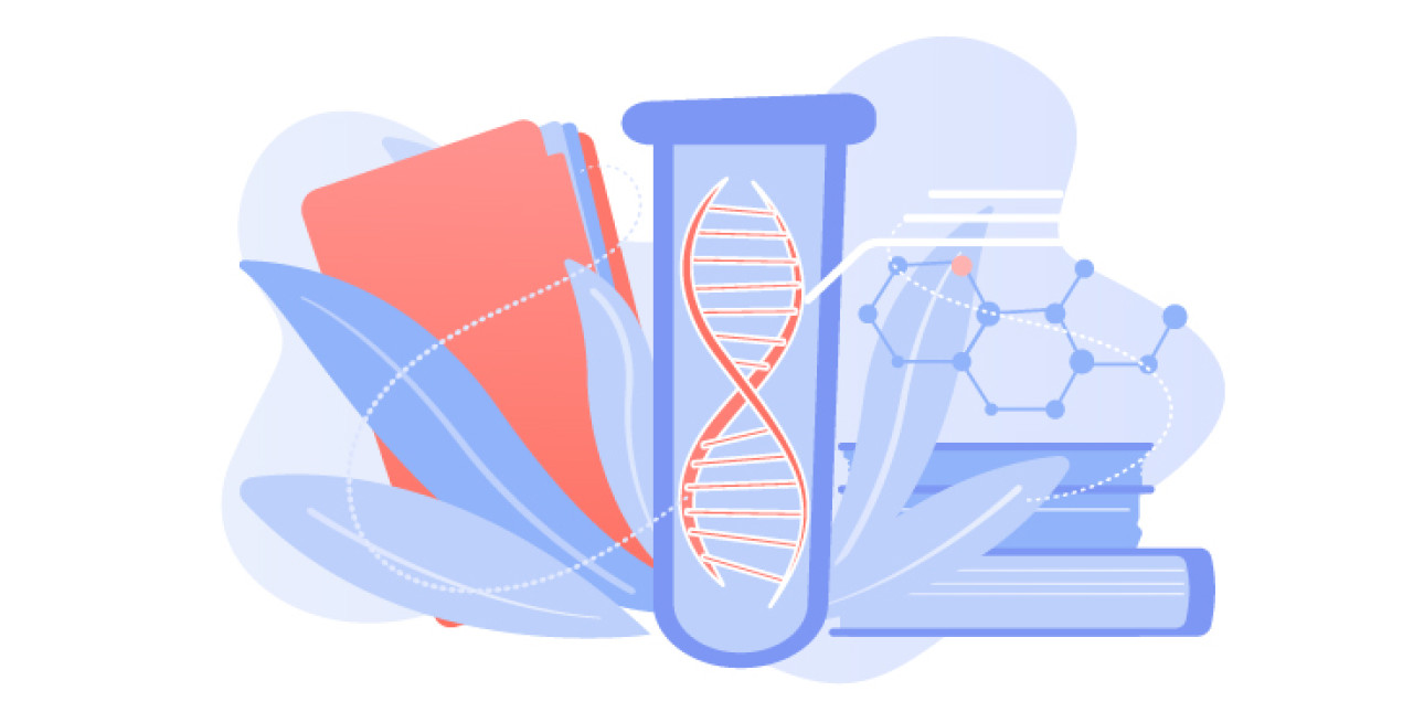 Kuvituskuva, jossa geeni lasiputkilossa ja kirjoja.