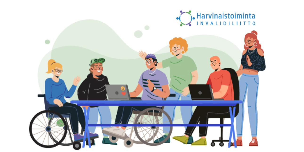 Kuvituskuva, jossa erilaisia ihmisiä erilaisin toimintakyvyin pitävät kokousta pöydän ääressä.