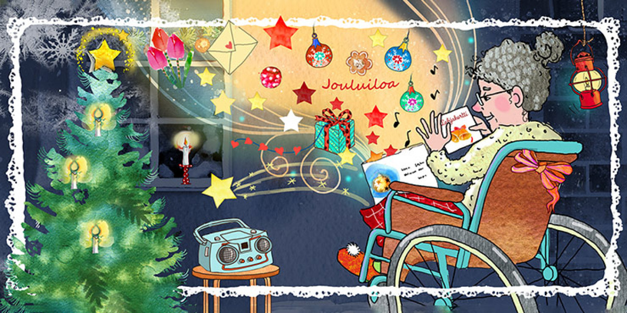 Vammainen henkilö pyörätuolissa jouluna ruokalahjakorttia ihaillen