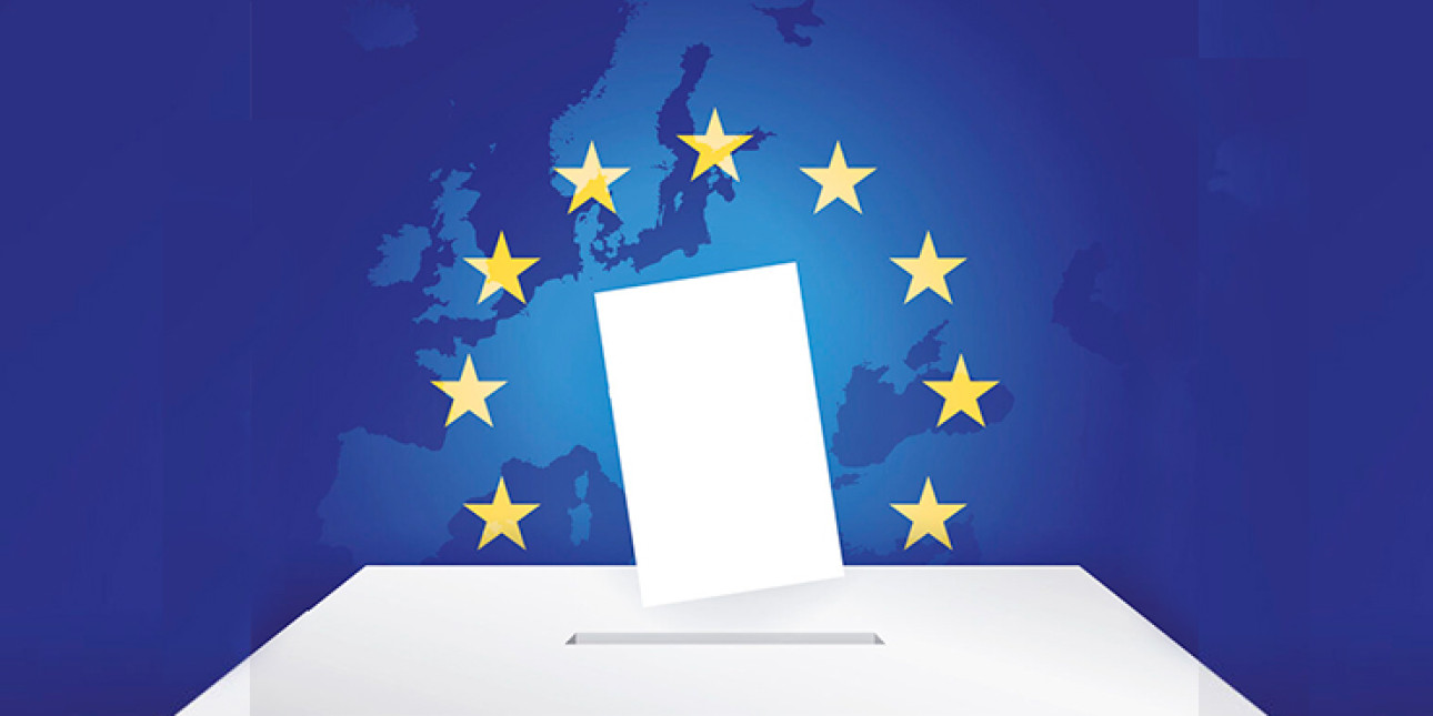 Äänestyslippu ja uurna, taustalla Euroopan kartta ja EU-tähdet