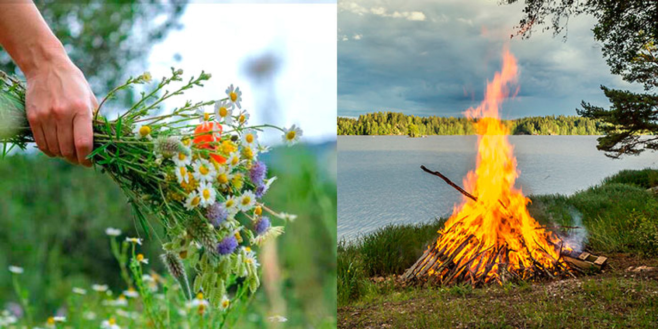 Kedon kukkia ja järven rannalla roihuava kokko.
