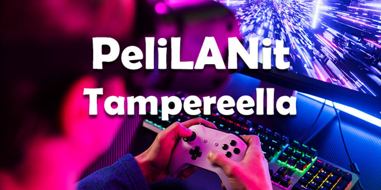 Henkilö pelaa konsolipeliä. Tummasävyisen kuvan päällä teksti PeliLANit Tampereella.