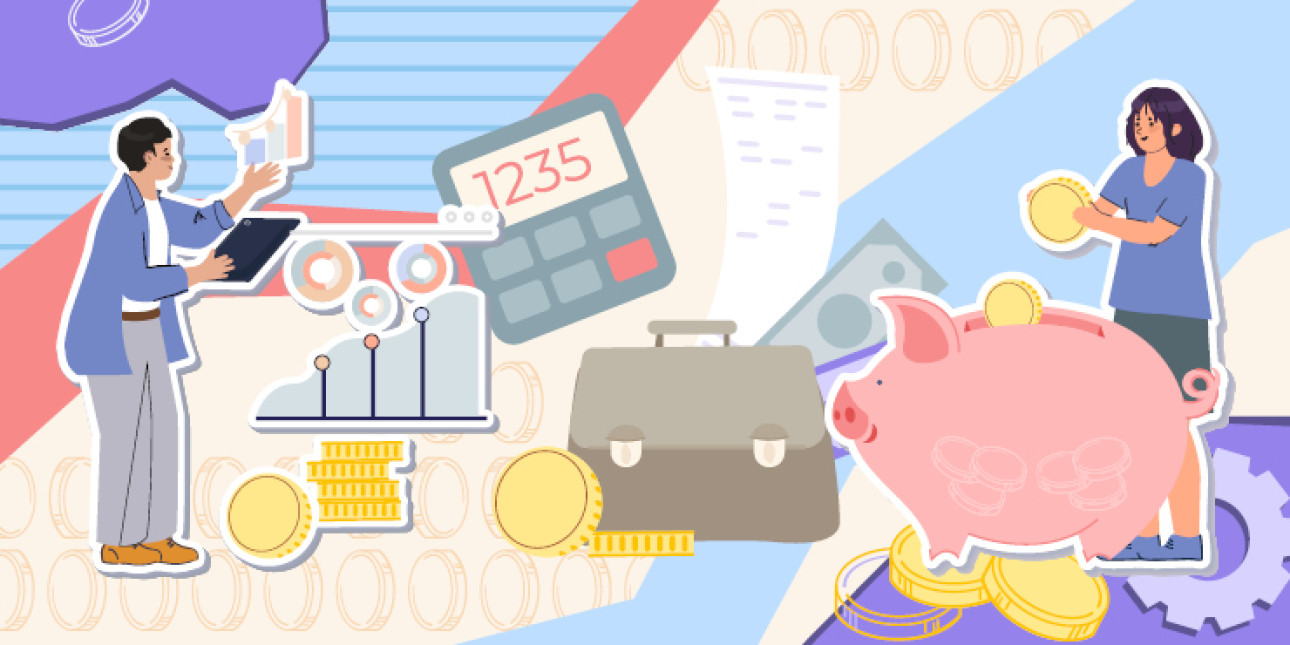 Kuvituskuva, jossa erilaisia talouteen liittyviä symboleita