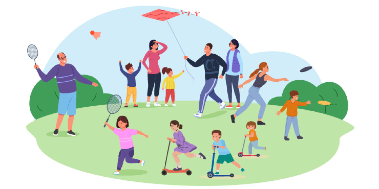 Kuvituskuvassa lapsia ja aikuisia kesäillä luonnossa pelaamassa sulkapalloa, lennättämässä leijaa ja potkulautailemassa
