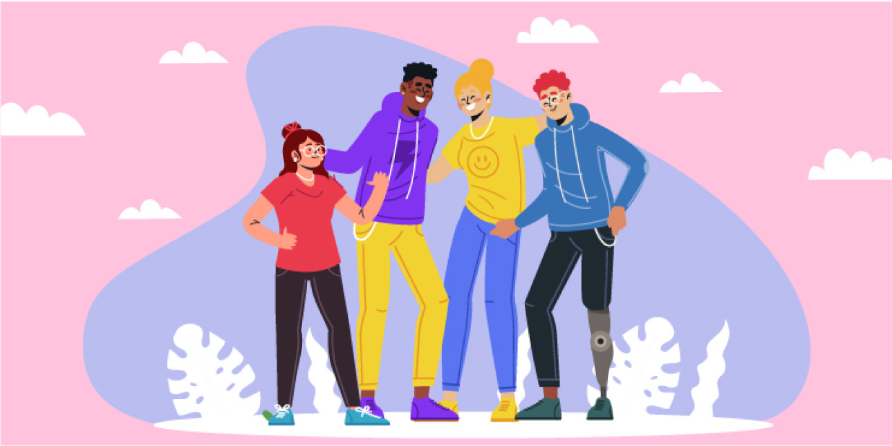 Kuvassa piirroshahmoina neljä henkilöä vaaleanpuna-violetin taustan edessä.