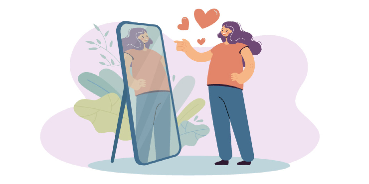 Kuvituskuva, jossa naisoletettu seisoo peilin edessä ja katsoo omaa kuvaansa.