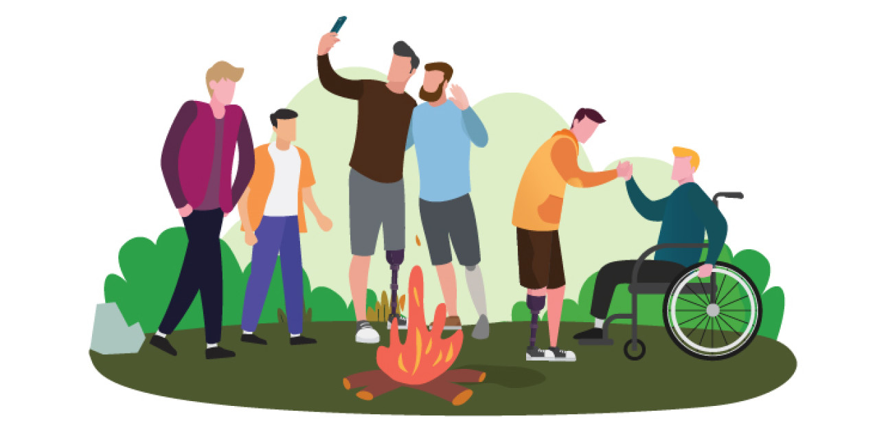 Kuvassa piirroshahmoina ryhmä miesoletettuja nuotion ympärillä