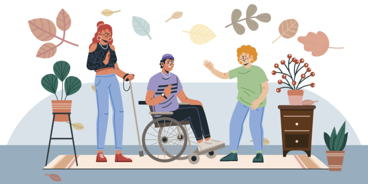 Kuvituskuvassa neljä henkilöhahmoa ja taustalla syksyn lehtiä.