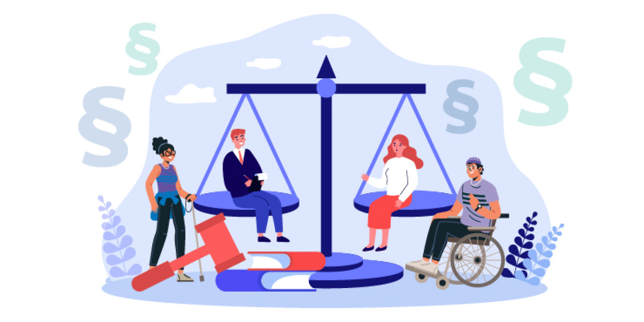 Juridiikkaa kuvastava vaaka, jossa ihmishahmoja.