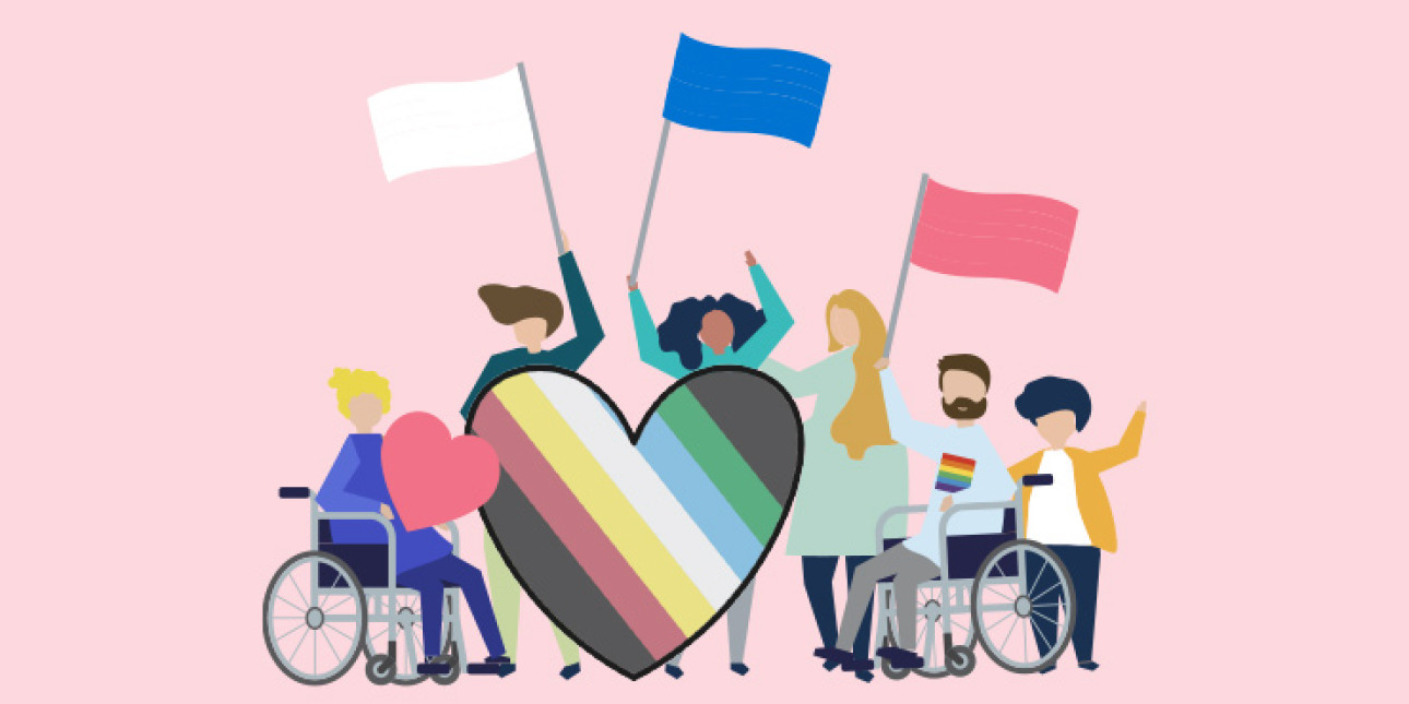 Eri tavoin vammaisia ihmisiä, jotka kantavat Disability Pride lipun väristä isoa sydäntä ja lippuja.