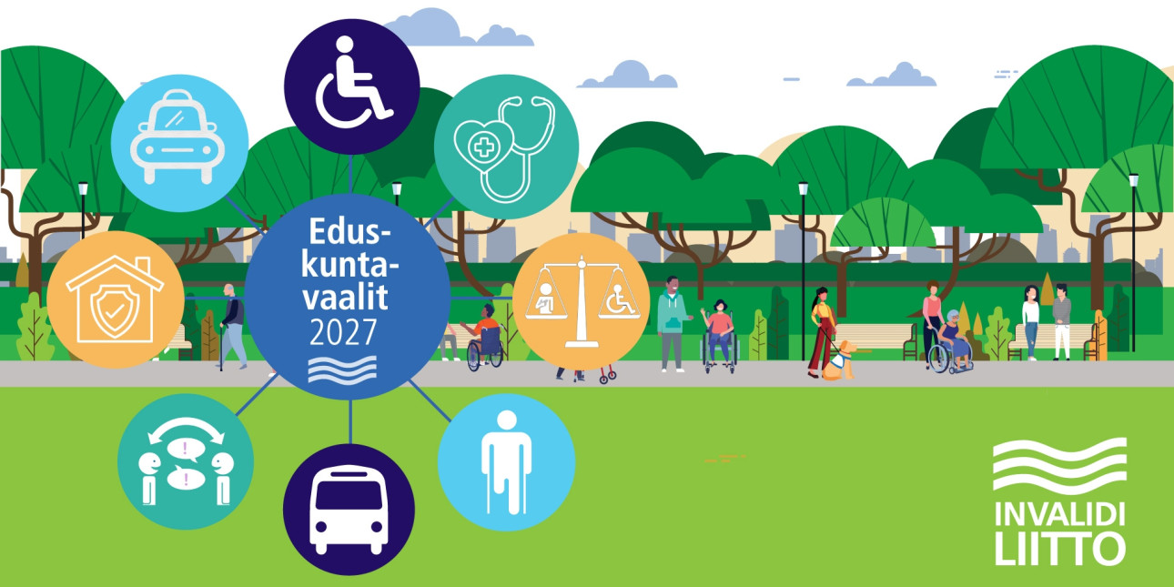 Piirroskuva, jossa ihmishahmoja ja erilaisia symboleja