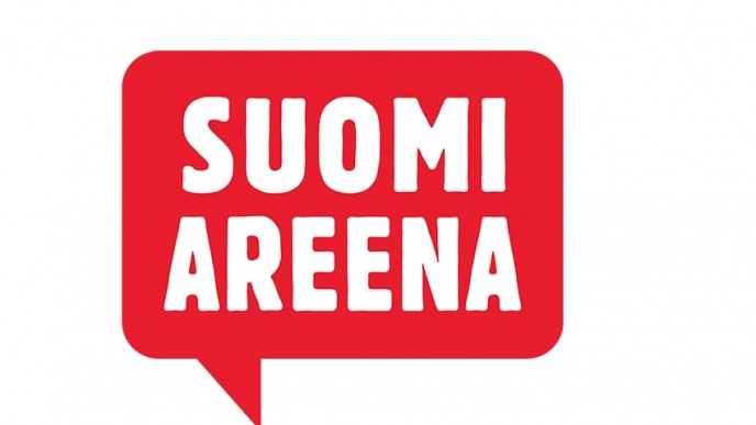 Punaisessa puhekuplassa valkoisella teksti SUOMI AREENA. SuomiAreena-tapahtuman logo