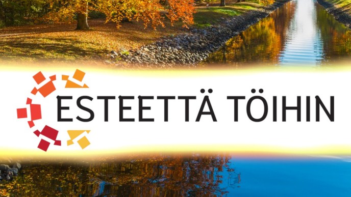 Joen varrella syksyn keltaisia puita. Keskellä teksti Esteettä töihin.