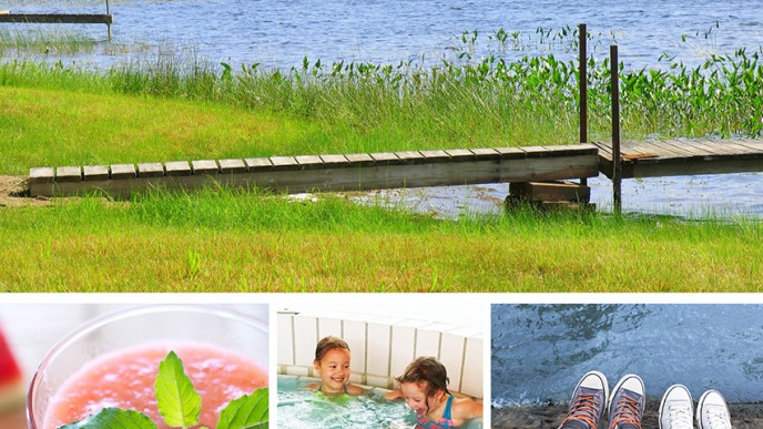 Ylimmäisenä rantakuva ja alempana kolme pientä kesäkuvaa