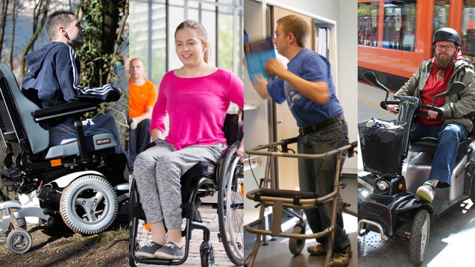 Neljällä eri apuvälineellä likkuvat henkilöt; sähköpyörätuoli, manuaalipyörätuoli, rollaattori ja sähkömopo. Kuvituskuva.