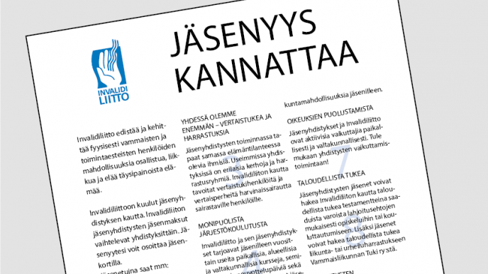 Invalidiliiton "Jäsenyys kannattaa" -flyer. Kuvituskuva.