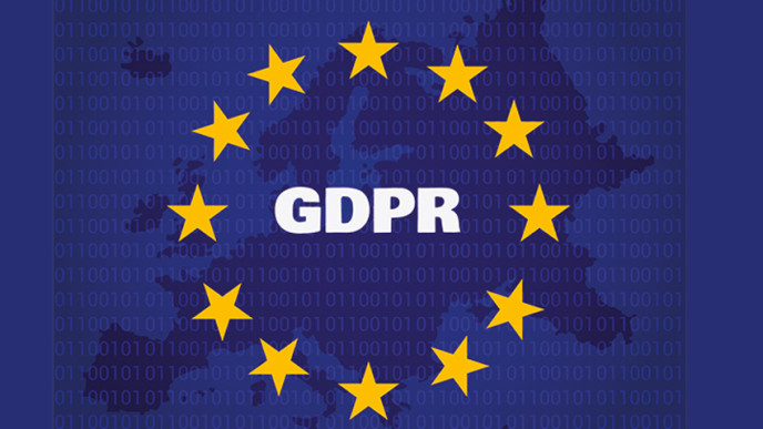 EU-tähtien keskellä teksti GDPR. Kuvituskuva.