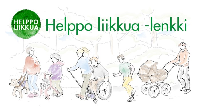 Helppo liikku -lenkillä eri tavoin liikkuvia ihmisiä. 